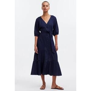 Madewell Tie Waist Tiered Midi Dress in Windowpane Navy Blue Size 0 NWOT